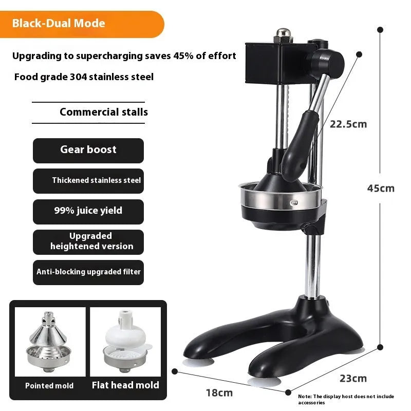 Vertical stainless steel manual juicer with three tip options: pointed head, flat head, and double head.