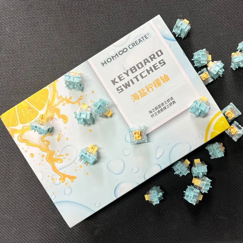 36 Sea Salt Lemon PRO Mute mechanical keyboard switches with transparent housings on a white background.