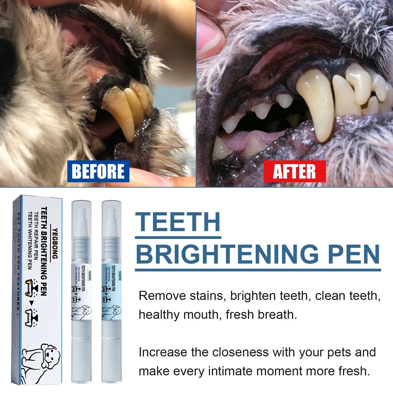 White pet teeth whitening pen applicator with two dental brushes for dog and cat oral care