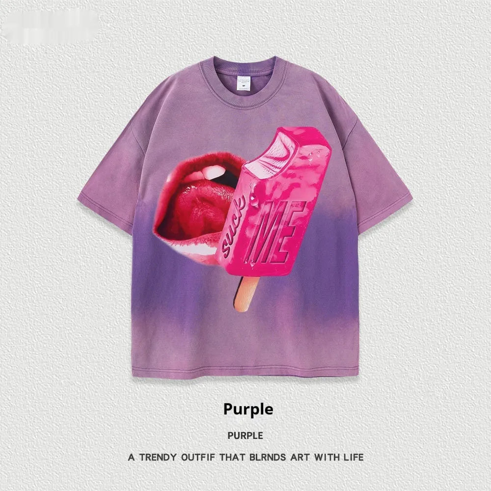 A loose-fit, heavy washed short-sleeved streetwear T-shirt on a hanger.