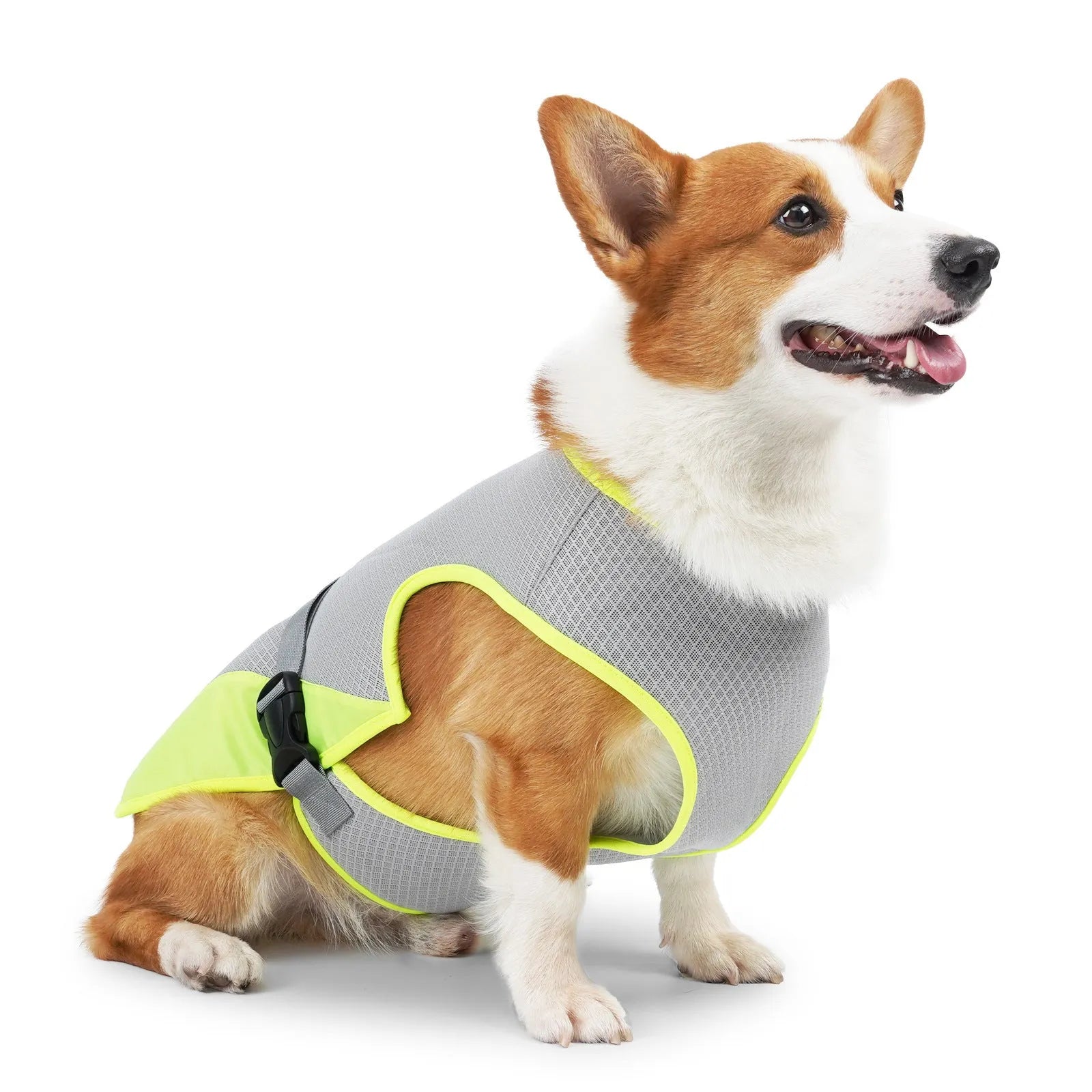 Polyester dog cooling vest in light grey colour showing breathable construction