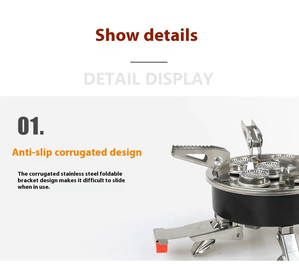 Silver coloured portable split stove made of stainless steel and copper with a long hose, shown folded for transport.