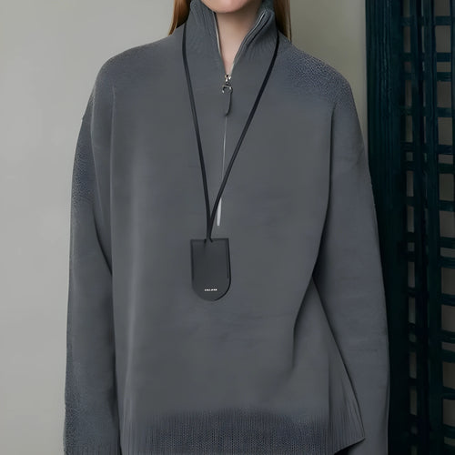 Wool bandage dress with loose lapels and long sleeves in black or mountain rain grey