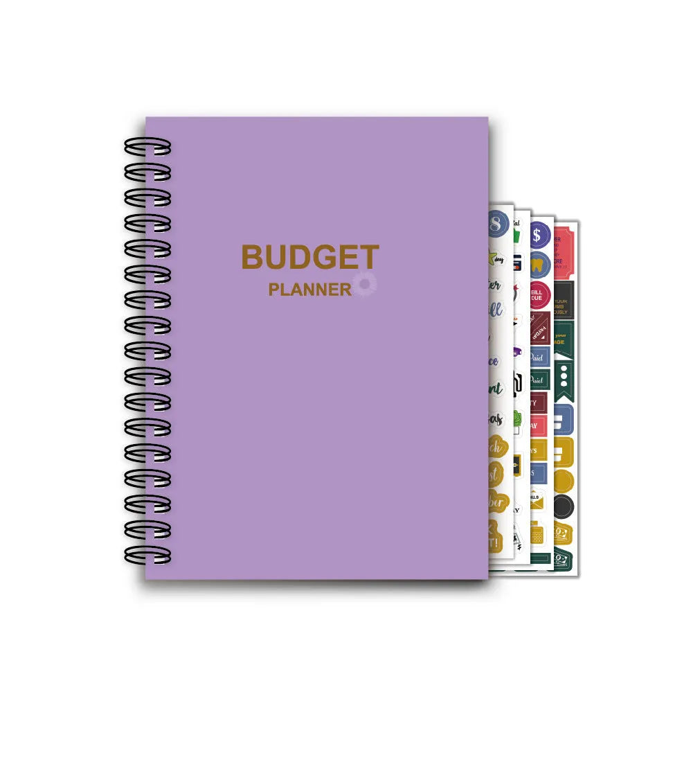 Purple coil-bound budget notebook with daolin paper pages, pen, stickers, and paper clips for financial planning