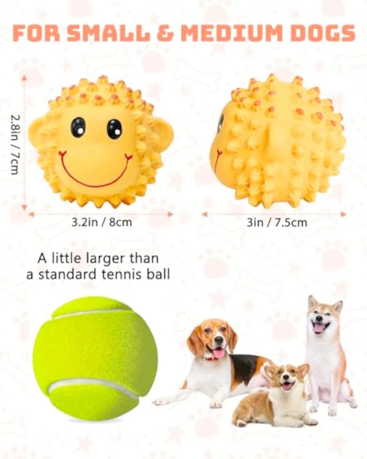Orange and yellow latex squeaky dog toys with spiky surfaces shaped as lamb and monkey animals