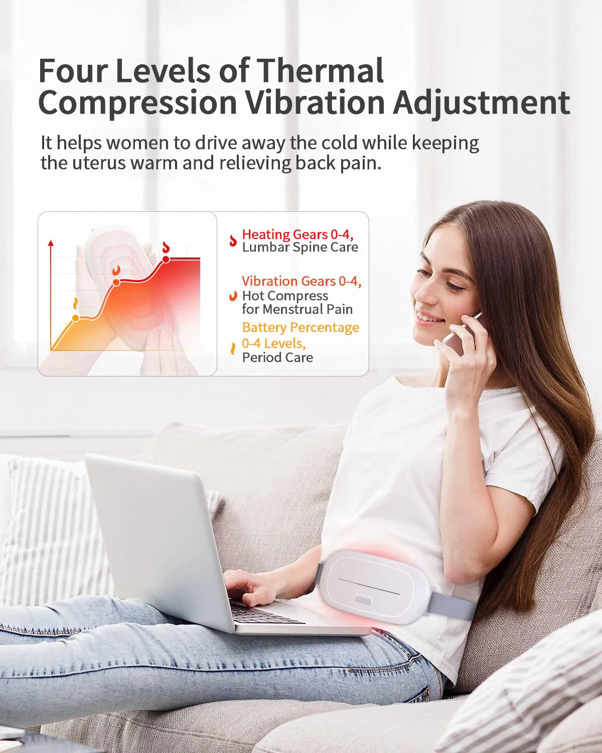 White electric uterine warming device with a soft flannel pad and power cable on a bed.