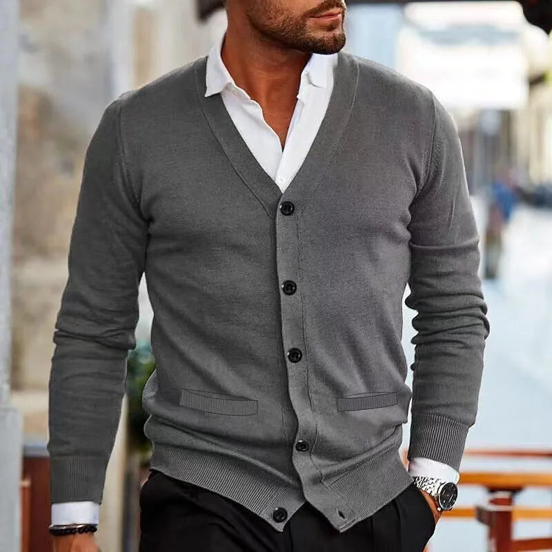Men's slim fit acrylic cardigan sweater coat in a choice of six colours.