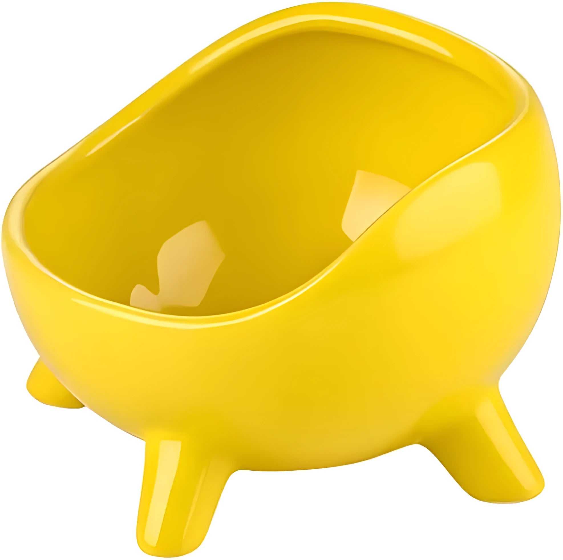 Green four-legged ceramic cat food bowl with elevated base and wide mouth design