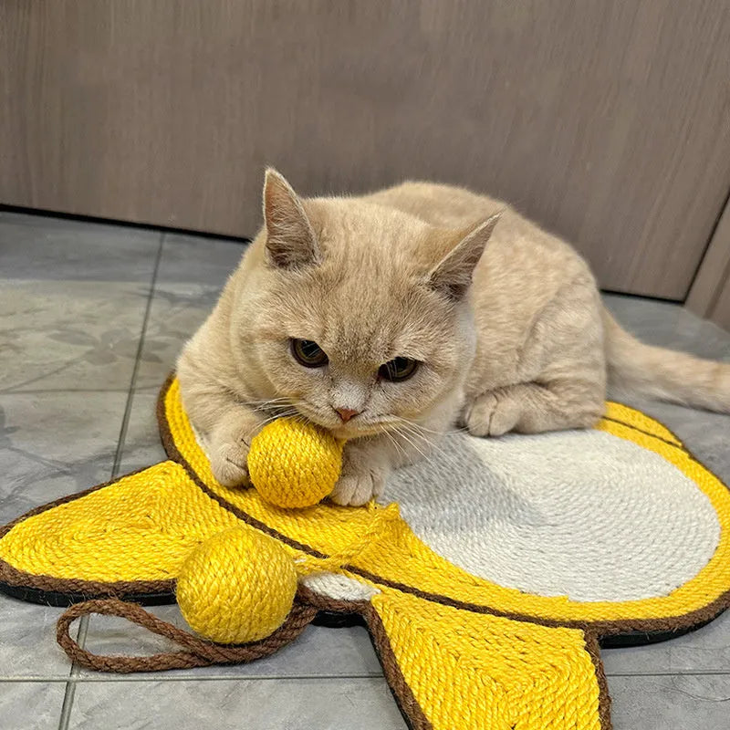 Yellow Corgi design sisal cat scratching pad with anti-slip base and adhesive hooks