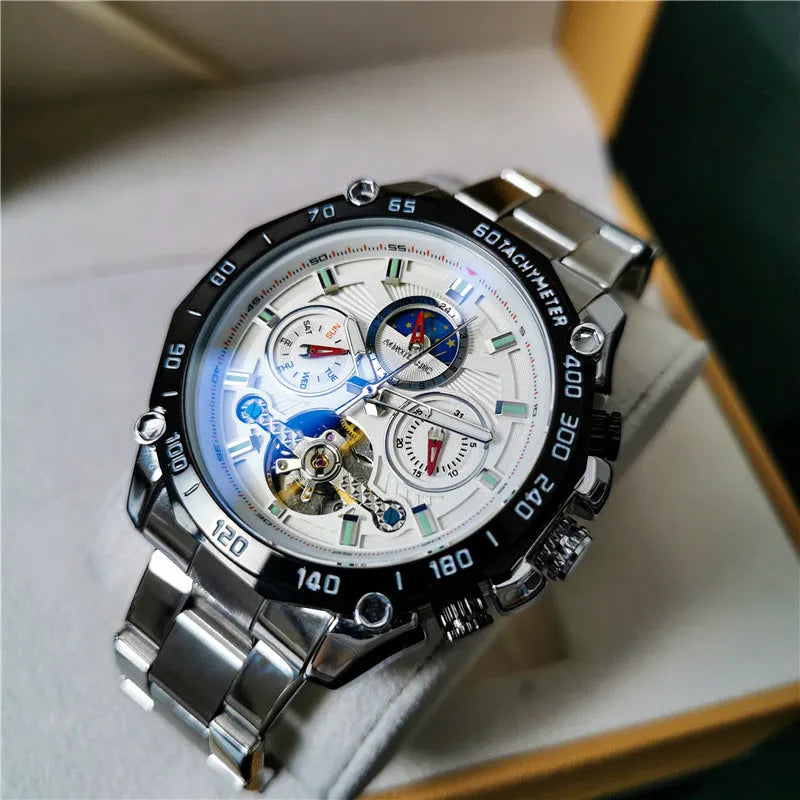 Men's automatic mechanical watch with silver case and black dial showing 12mm thickness