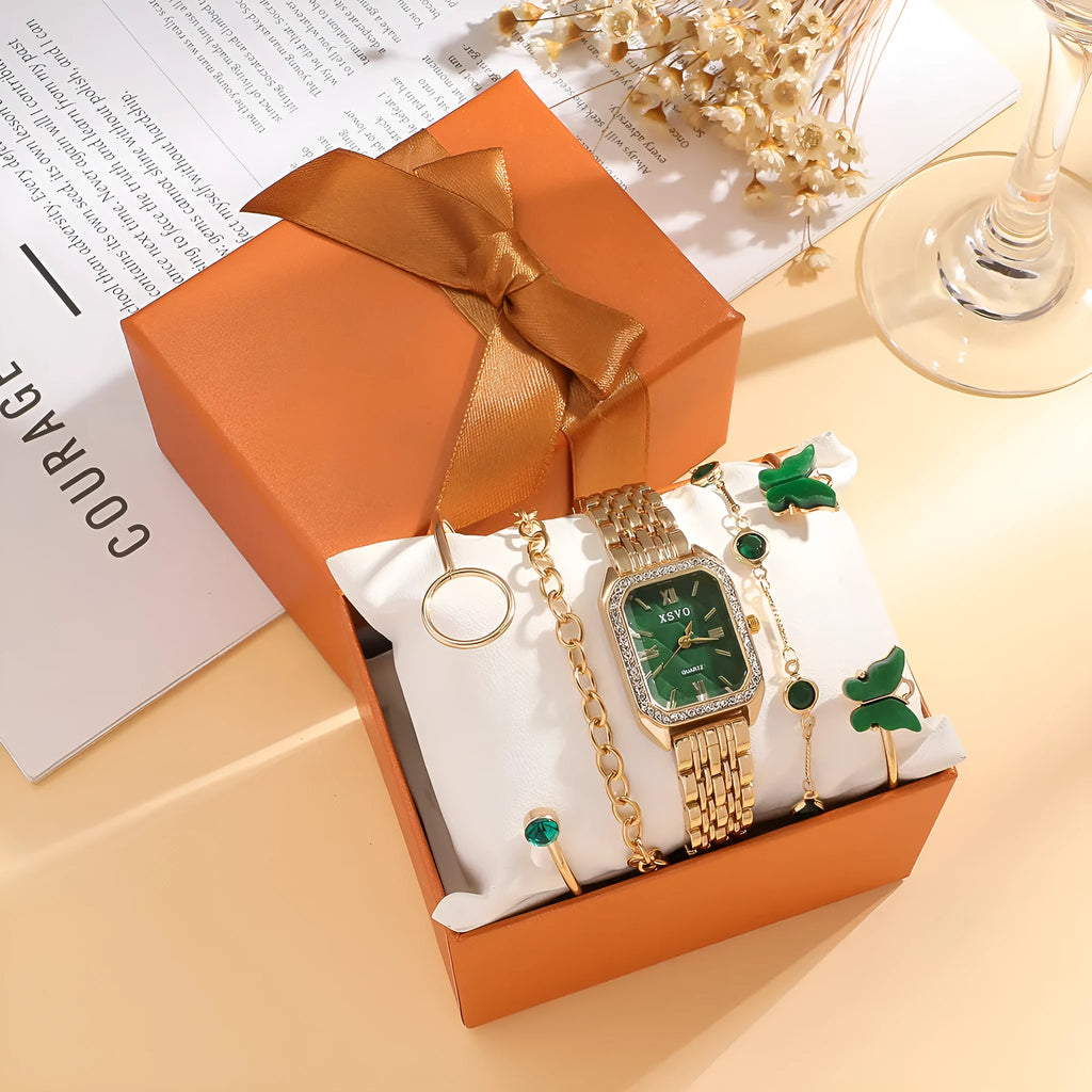 Gold green square steel women's watch with four matching alloy bracelets