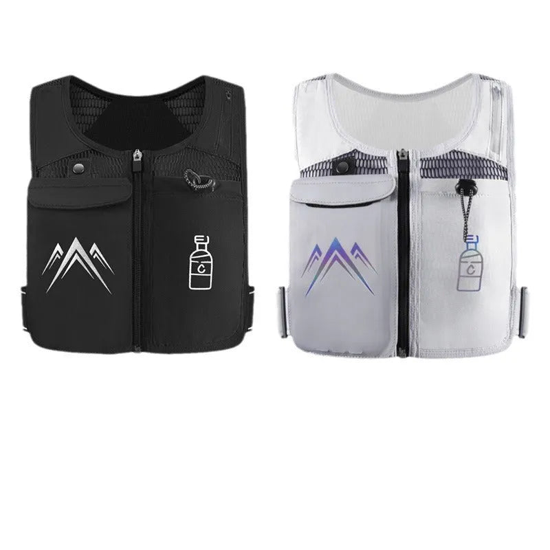 Black breathable mesh sports running vest with a front pocket for a mobile phone.