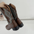 Brown women's mid-calf Martin boots with embroidery pattern and square heel