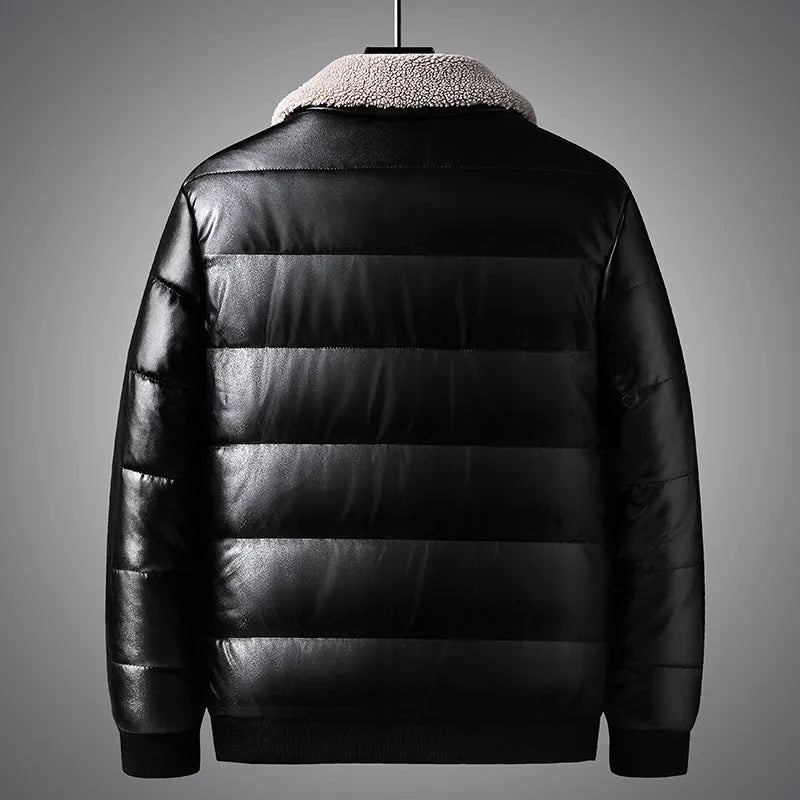 Men's thickened PU leather winter jacket with lapel collar in light blue and black, sizes M to 5XL