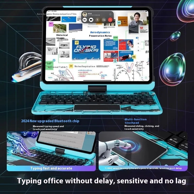 Blue handmade PC keyboard protective case for iPad Pro 13-inch with mute button.