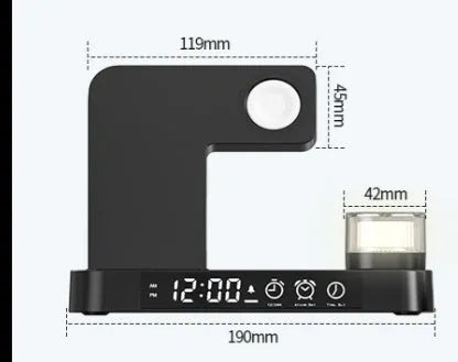 Foldable 4-in-1 wireless charging station with alarm clock display and RGB night light