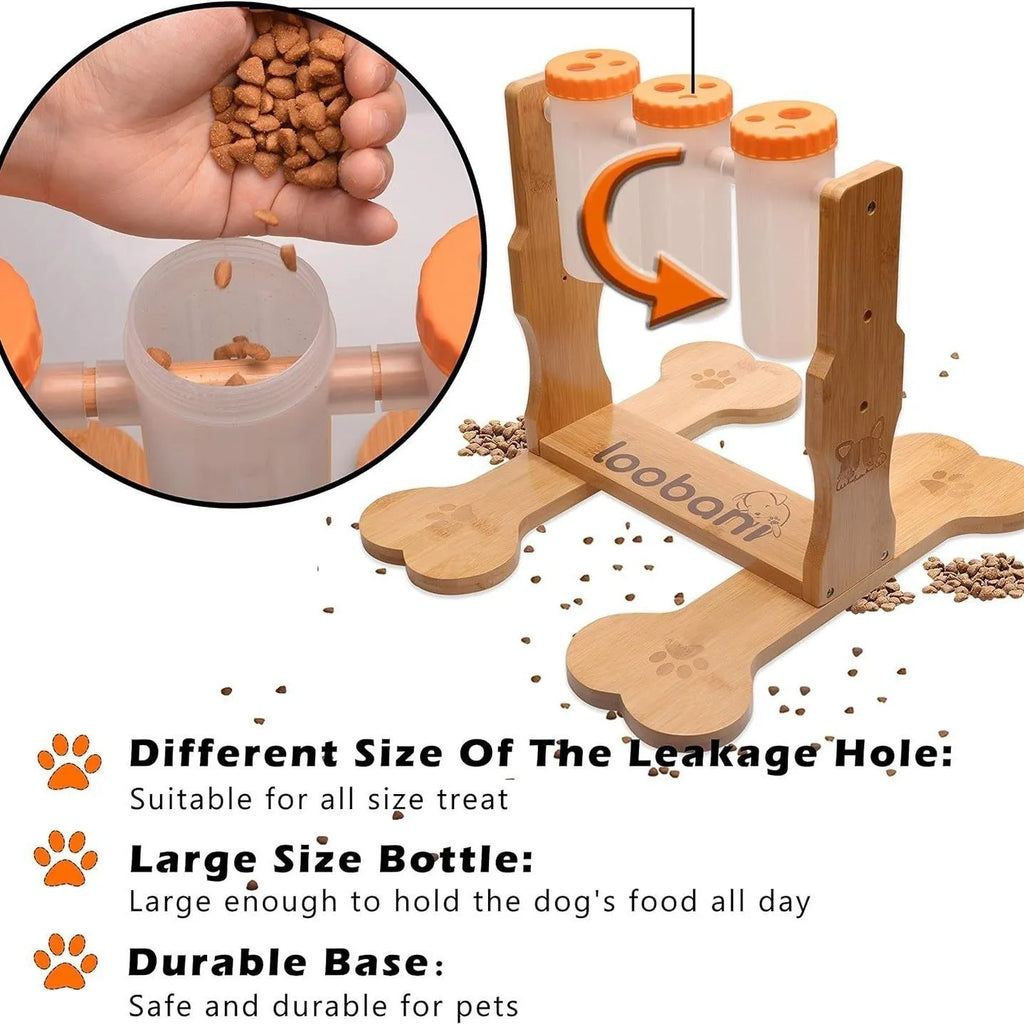 Natural wood dog puzzle toy treat dispenser measuring 31x30x20cm