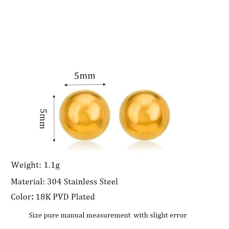 Stainless steel round ball stud earrings on a white background, showing gold and silver plated options.