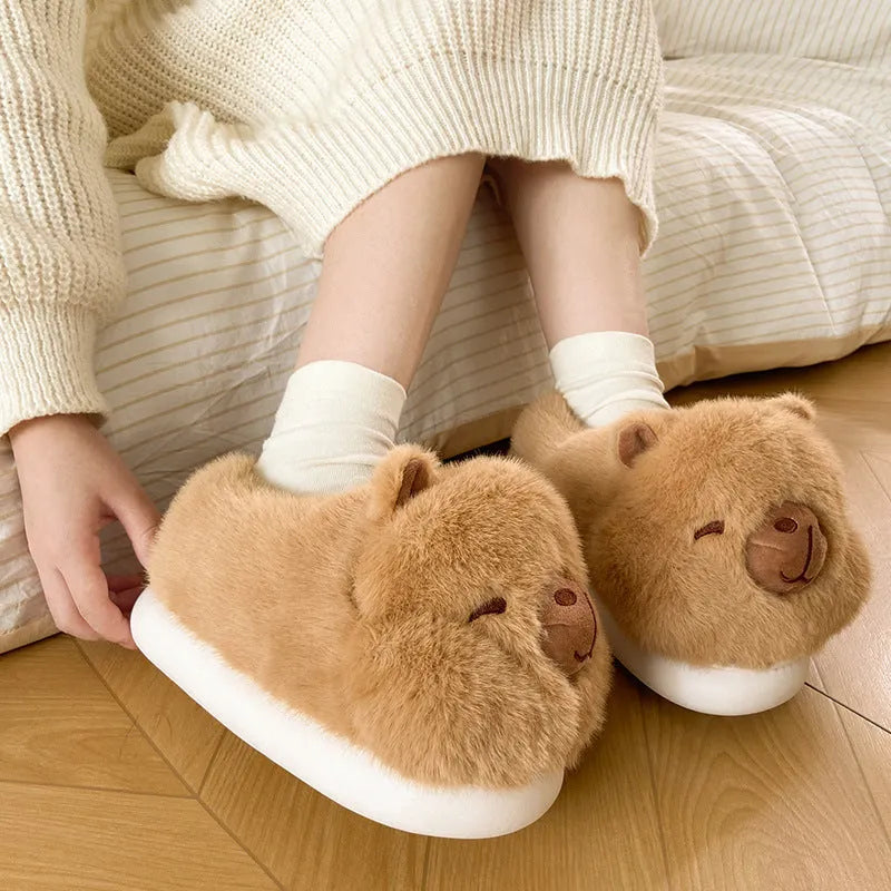 Light brown cartoon pattern women's winter slippers with plush cotton upper and artificial wool lining