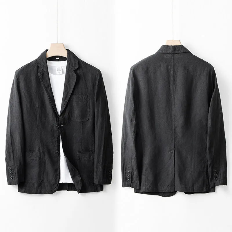 Men's loose fit linen suit jacket in a solid colour on a hanger, showing casual long sleeve design.