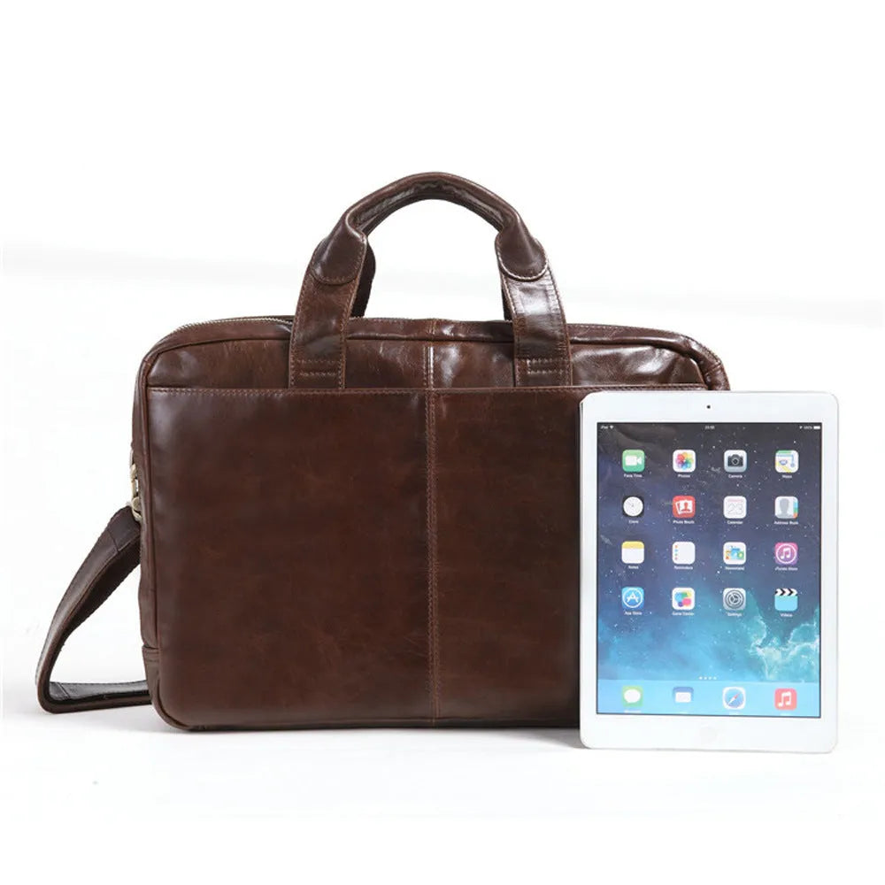 Brown 18-inch men's business briefcase made from first layer cowhide leather