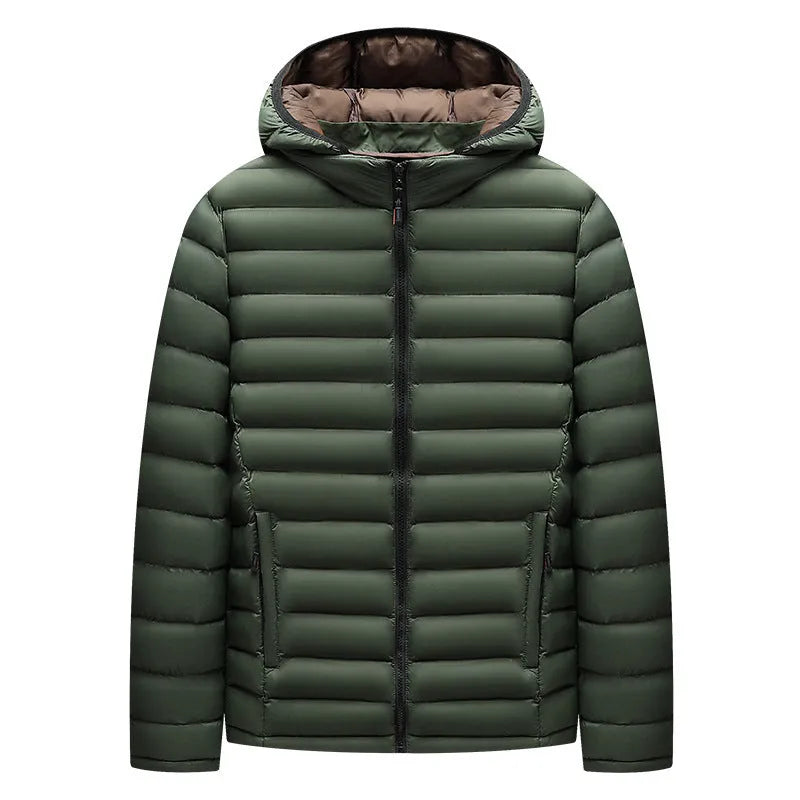 Men's lightweight down jacket with detachable hood in black, army green or blue colour