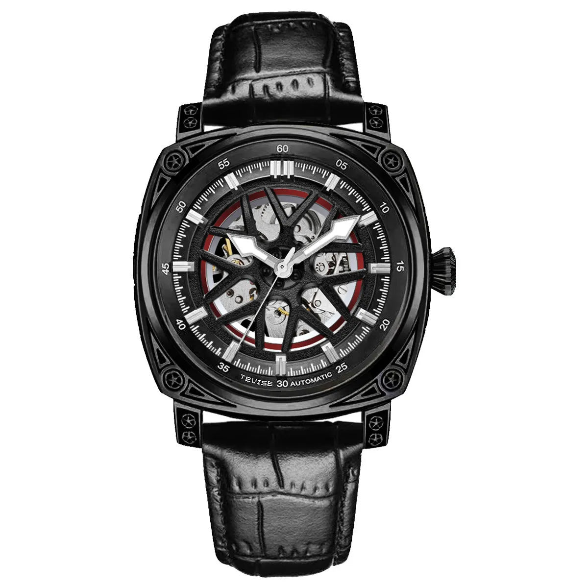 Men's stainless steel automatic watch with a blue leather strap showing time on dial
