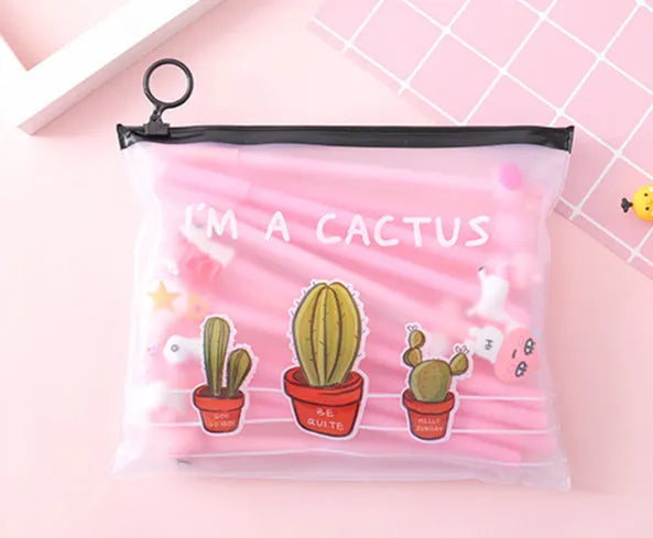 Marvel cartoon cactus boy and girl design pens in a plastic storage case.
