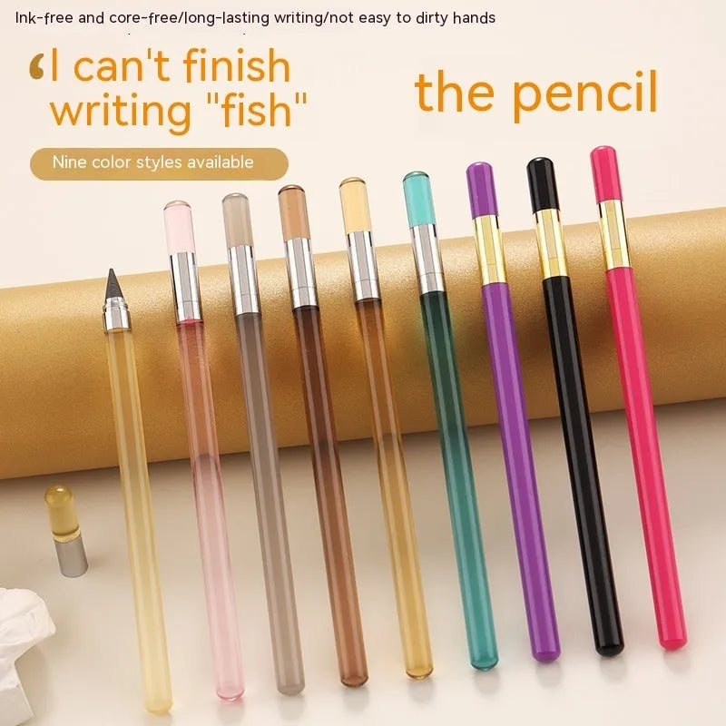 Transparent acrylic eternal pencil with alloy pen head showing internal mechanism