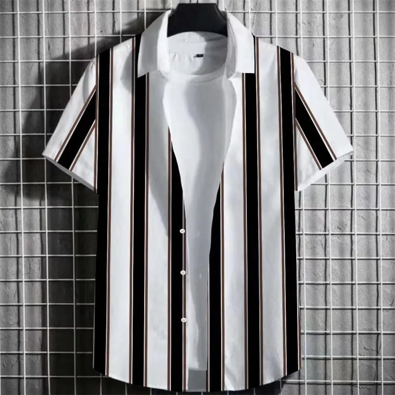 Man wearing a lightweight striped linen T-shirt with a 3D printed design.