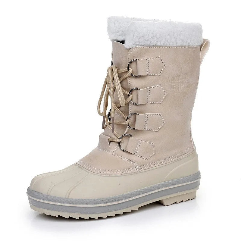 Women's waterproof snow boots in beige brown and black with crazy horse leather upper and rubber sole