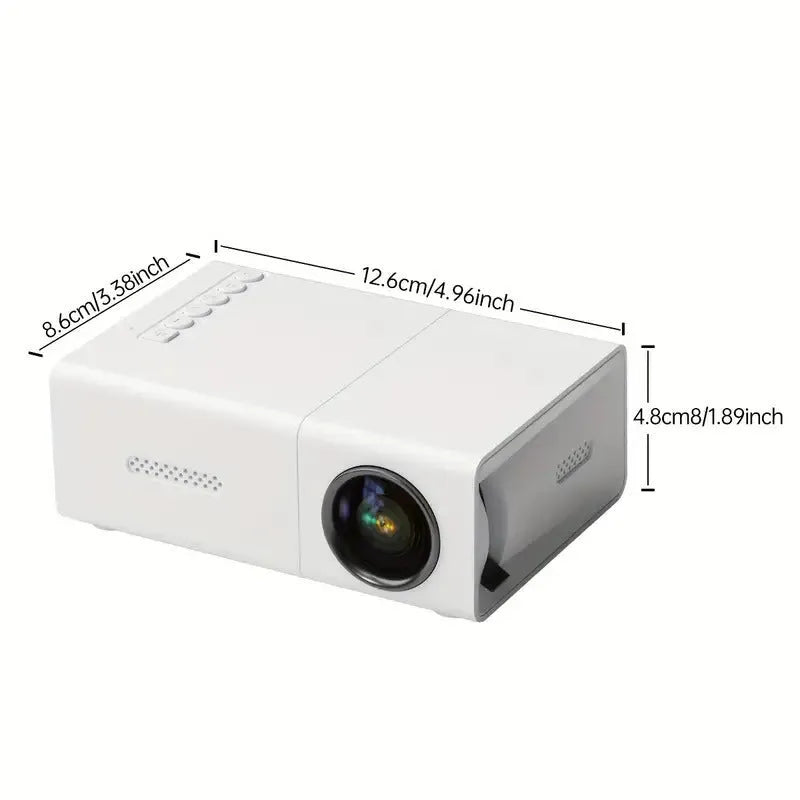 White or black M100 Mini Portable LED Projector displaying a large screen image.