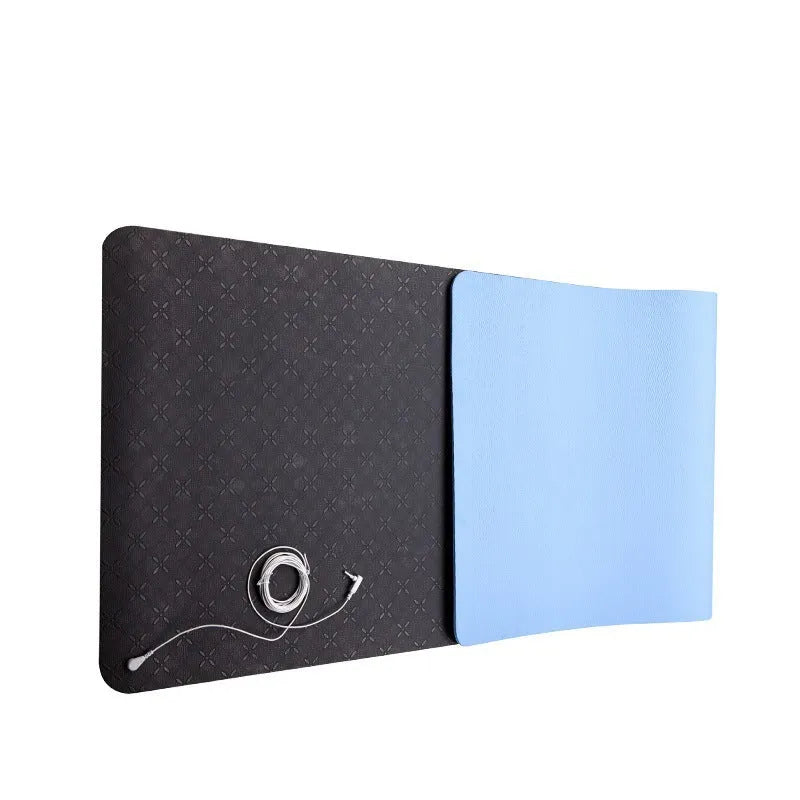 Blue conductive yoga mat with floral pattern, grounding wire, and non-slip PU leather surface