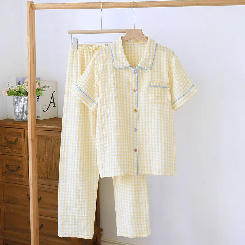Washed cotton double-layer gauze short-sleeved trouser suit in Flower Sea pattern with matching top
