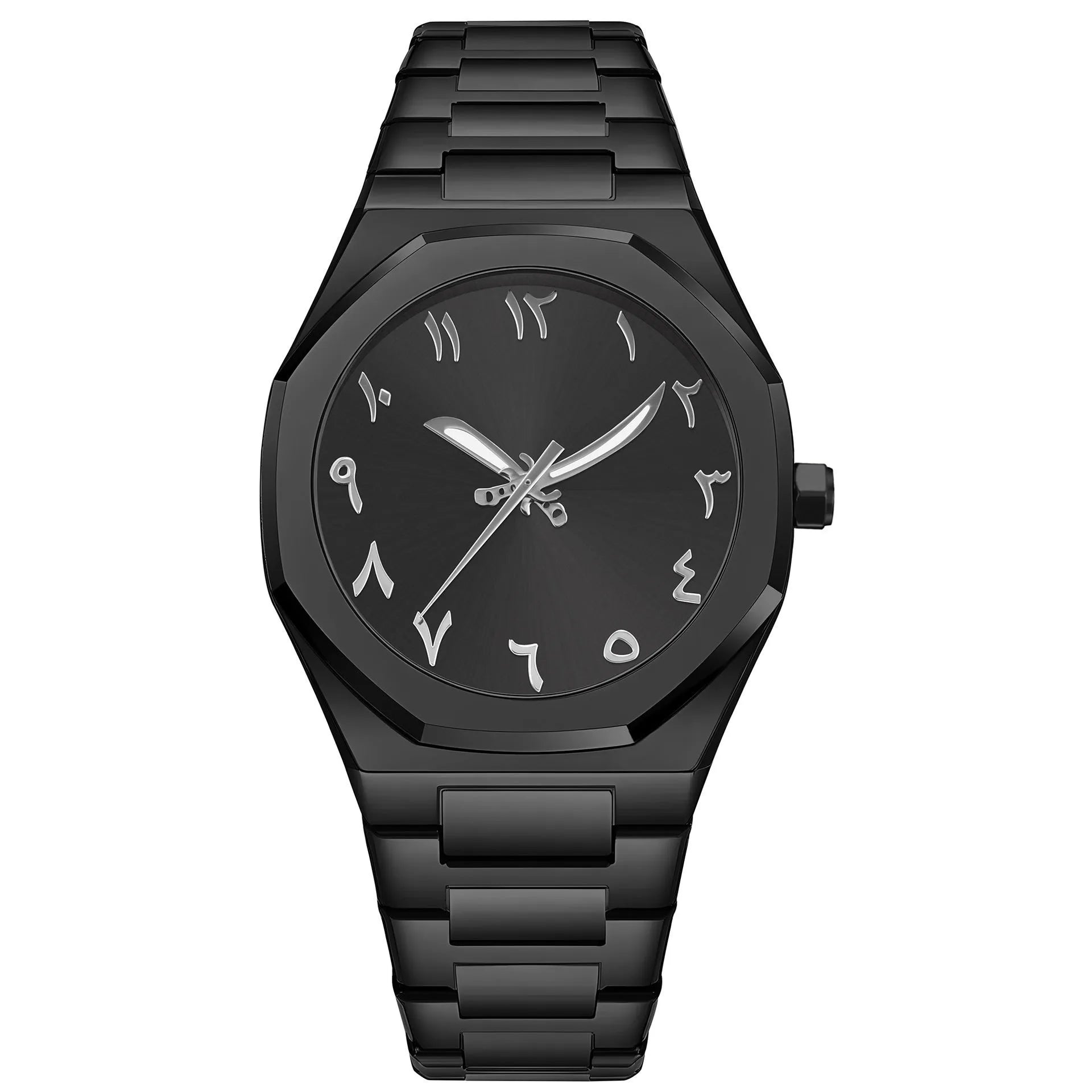 Men's steel bracelet quartz watch in business style on a wrist.