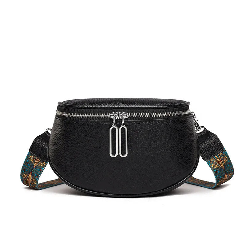 Women's soft PU leather messenger bag in saddle shape with crossbody strap and outer pocket