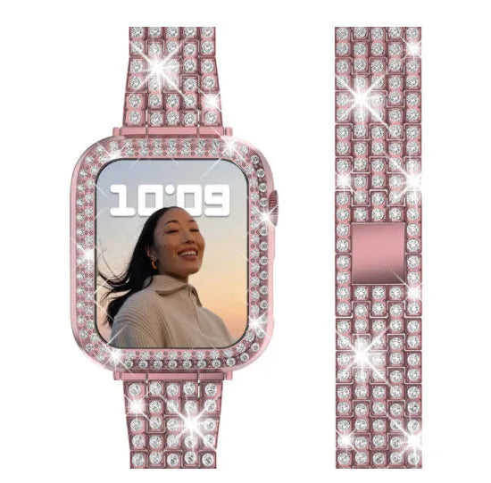 Apple Watch case with double diamond glass in rose pink, gold, and silver colour options on a table.