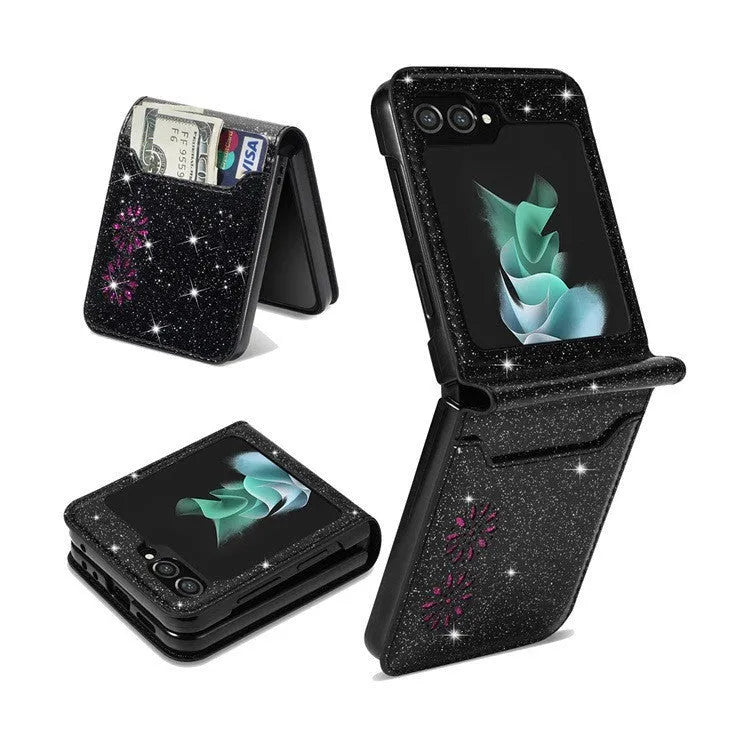 Folding phone case with retro patchwork pattern and multi-card slots in black, for Samsung Z Flip 3-6