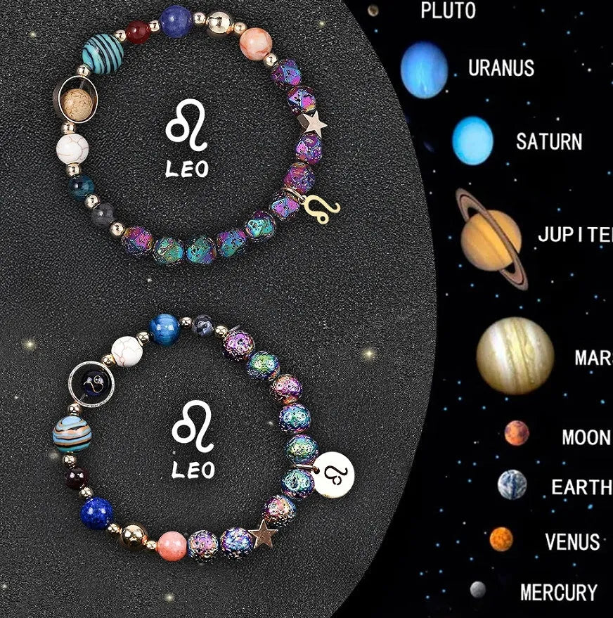 Two natural stone beaded bracelets with zodiac symbols on an adjustable cord.