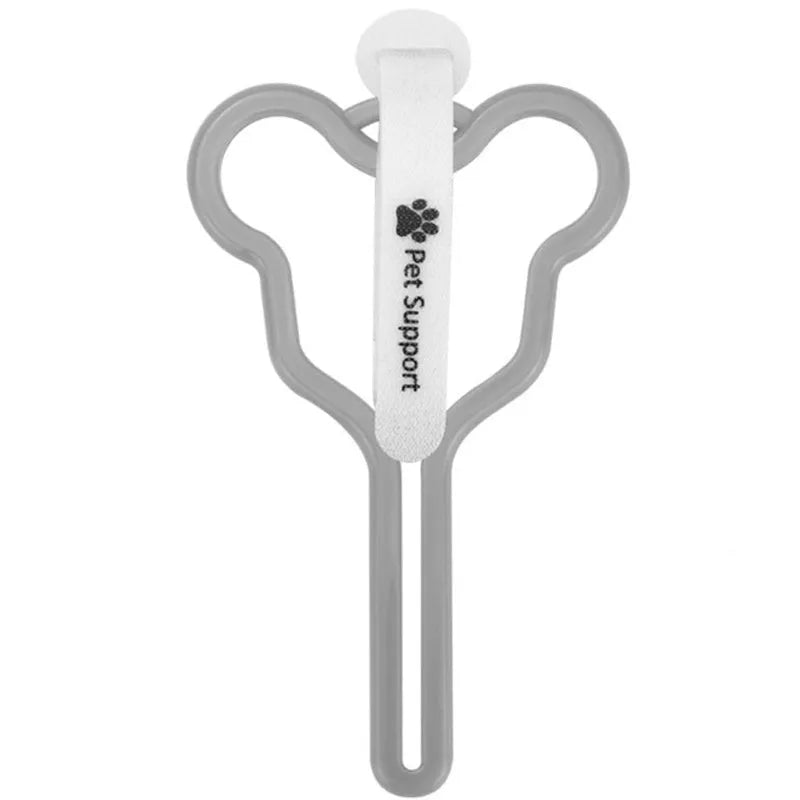 Hands-free dog poo bag holder with velcro strap attached to a dog lead.