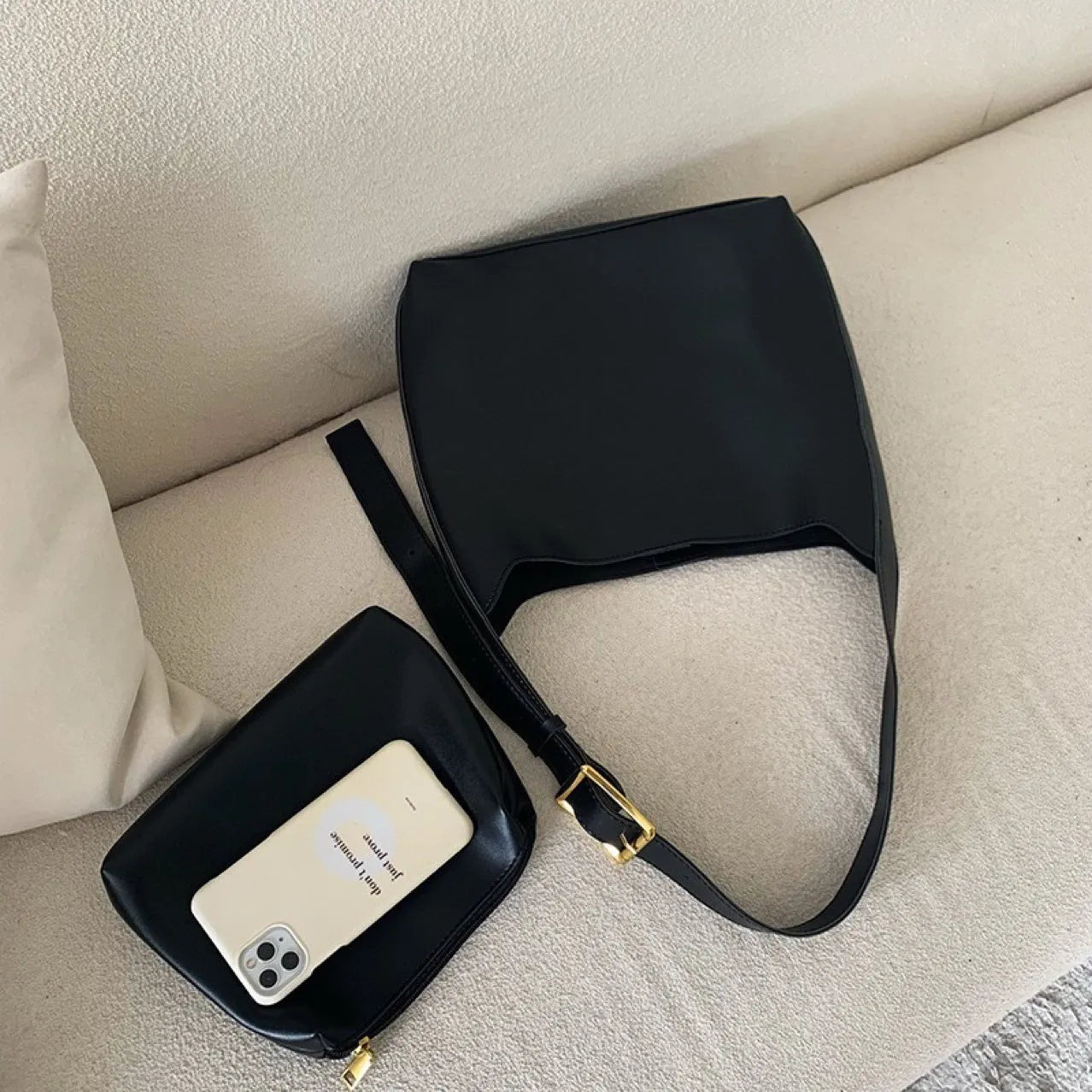 Black and brown PU leather ladies shoulder bags with swing threads decorative elements