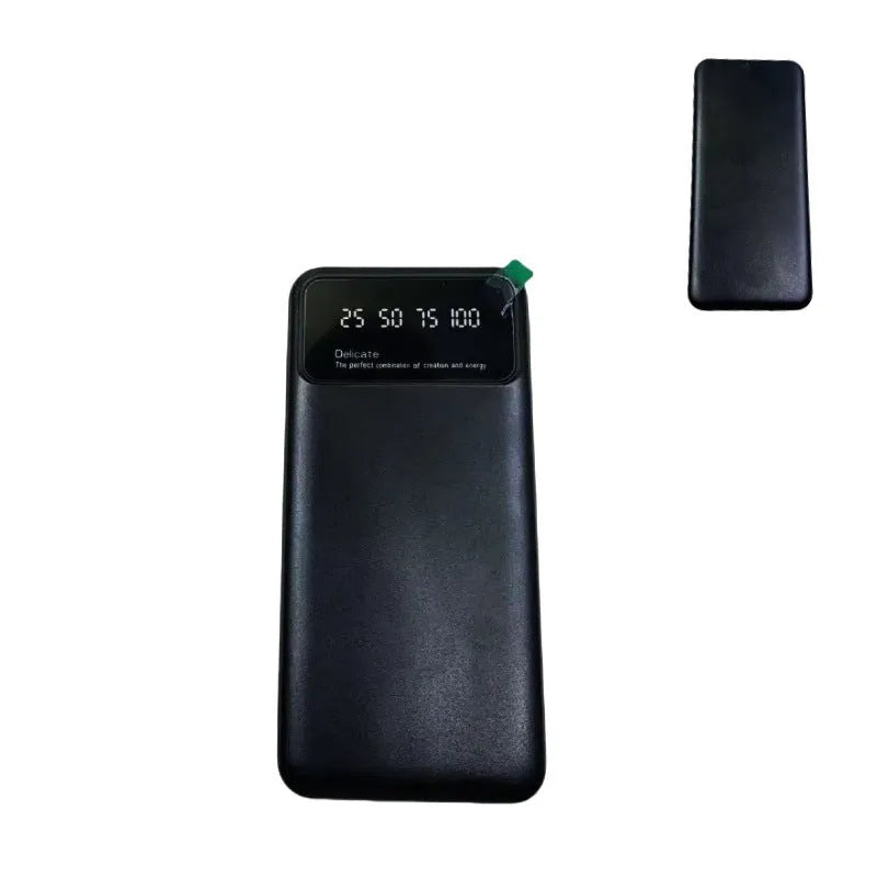 Black ultra-thin fast charging power bank with 10000mAh capacity measuring 67x14x140mm