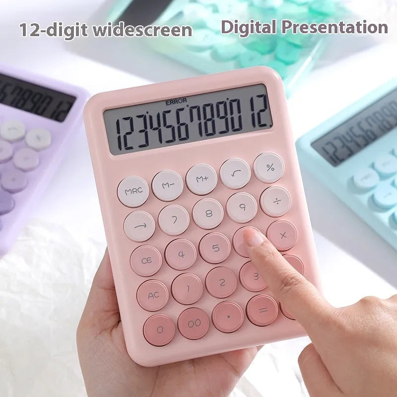 Desktop calculator with gradient colour design in violet, pink, blue or green.
