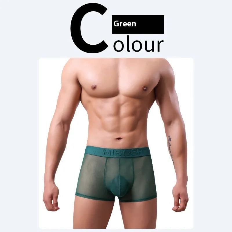 Men's thin quick-drying polyester boxers in six colours on a size chart background.