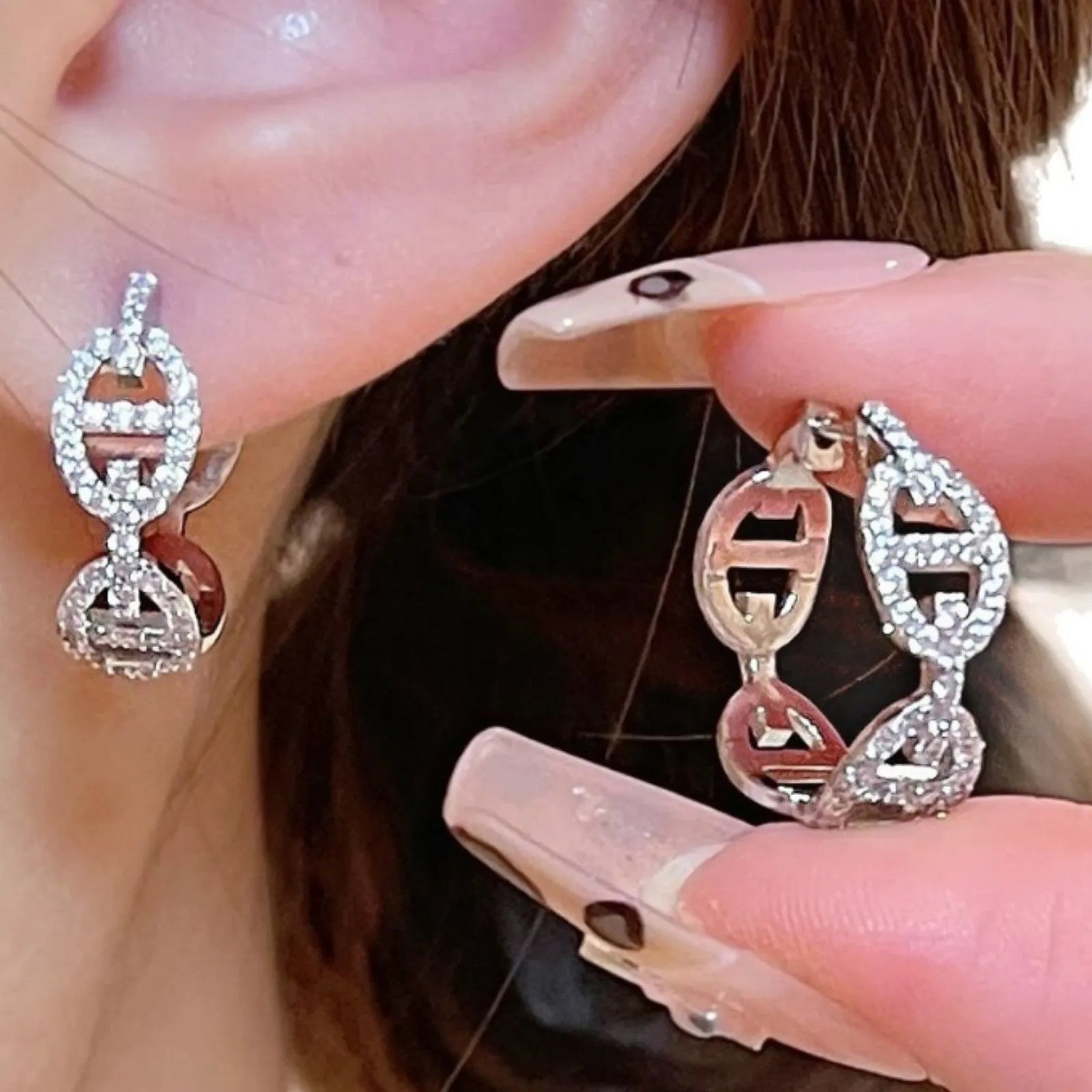 Women's copper electroplated earrings with diamond design in silver, gold, and rose gold colour options