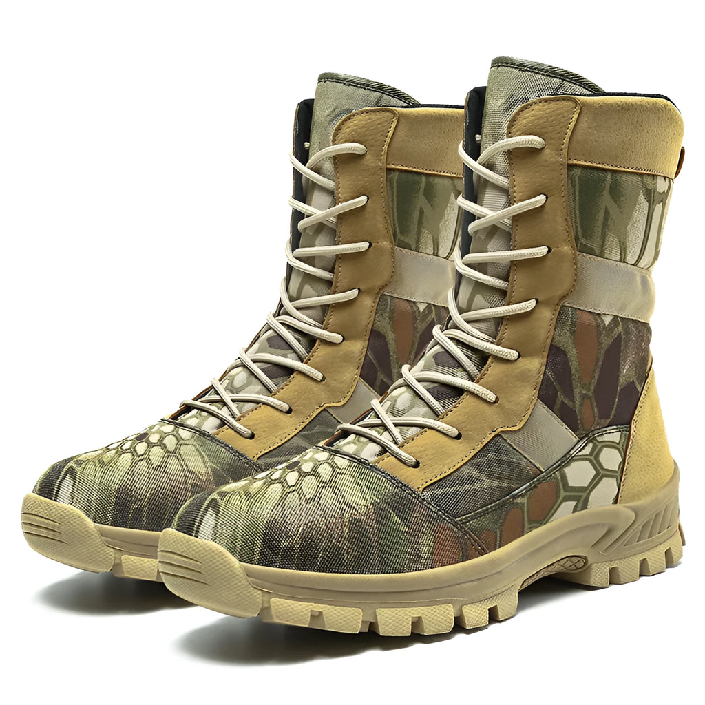 Plus size men's high-top Martin boots in black and camouflage with mesh upper and totem detailing