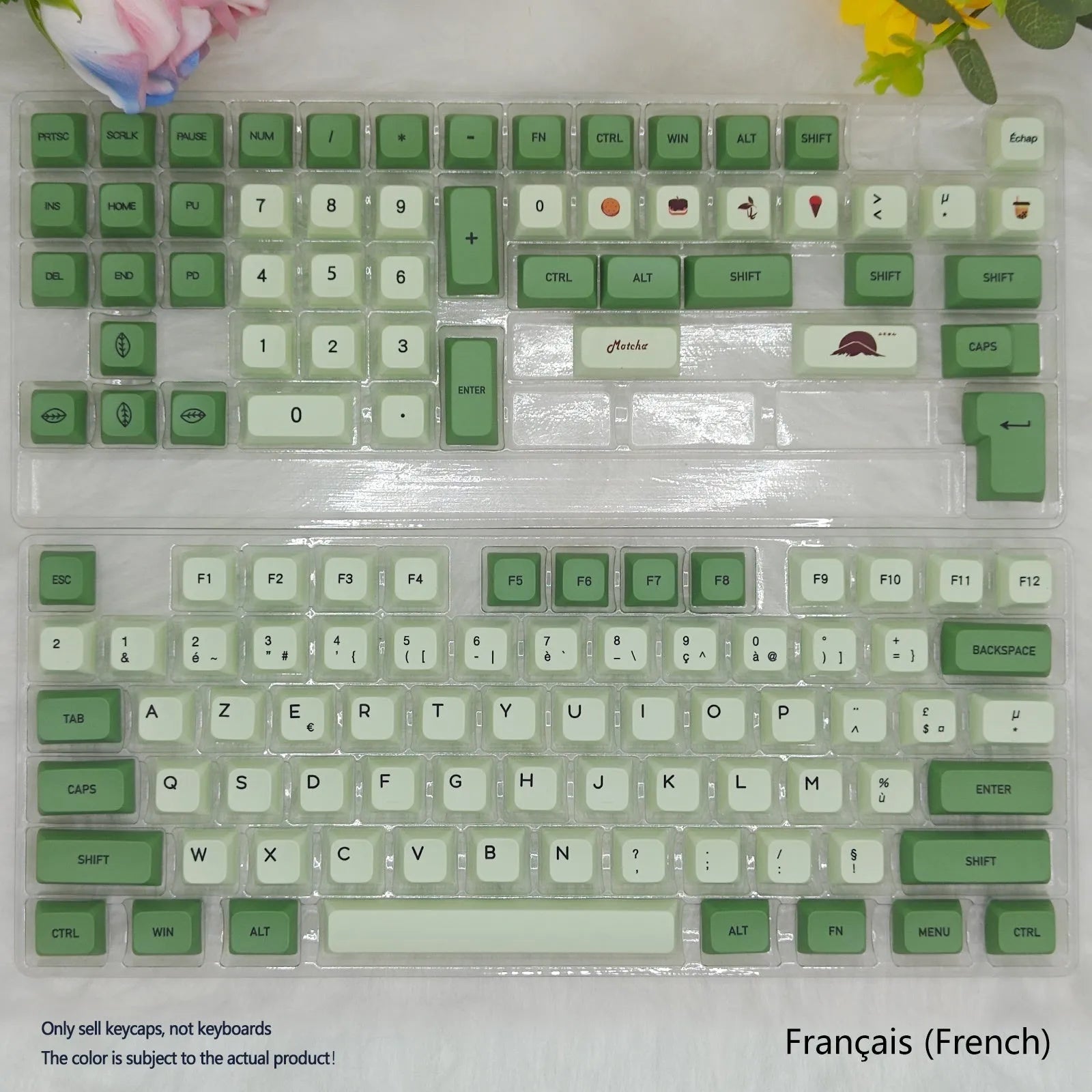 124 Key Matcha green PBT sublimation keycap set for mechanical keyboards laid out flat.
