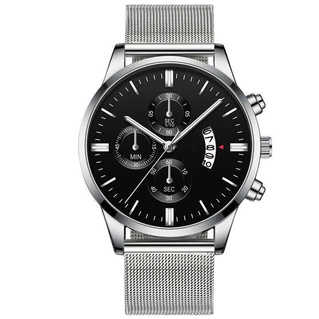 Men's stainless steel quartz watch with mesh band and two-tone case on wrist