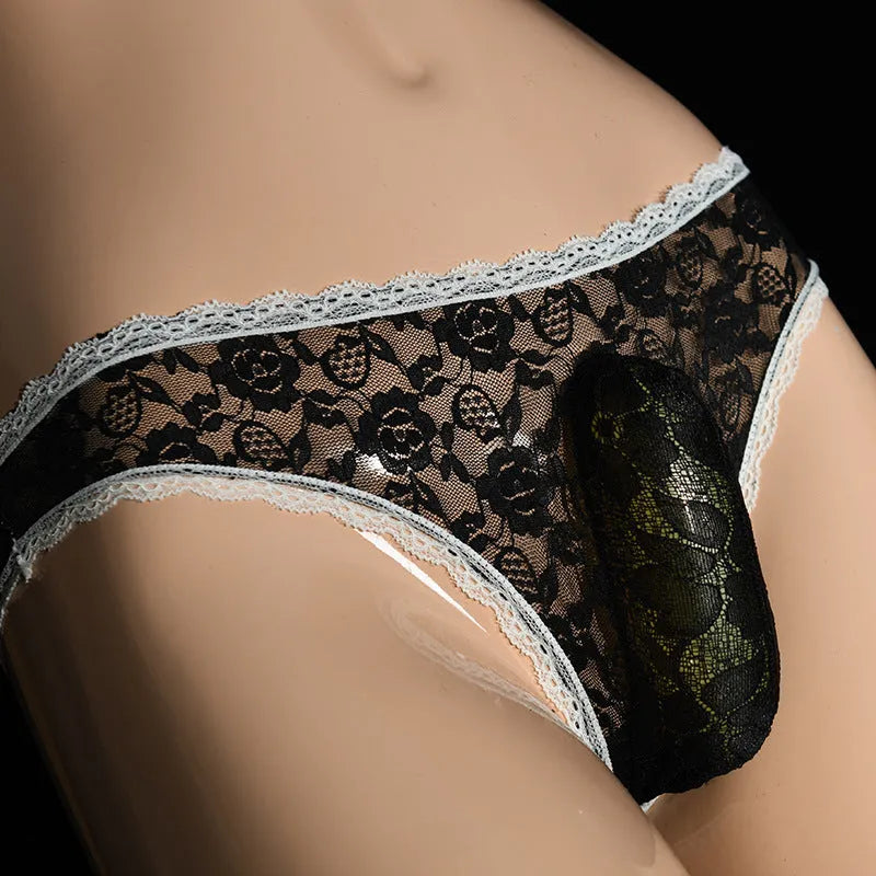 Qing He men's lace underwear briefs with vertical pouch design in black on white background