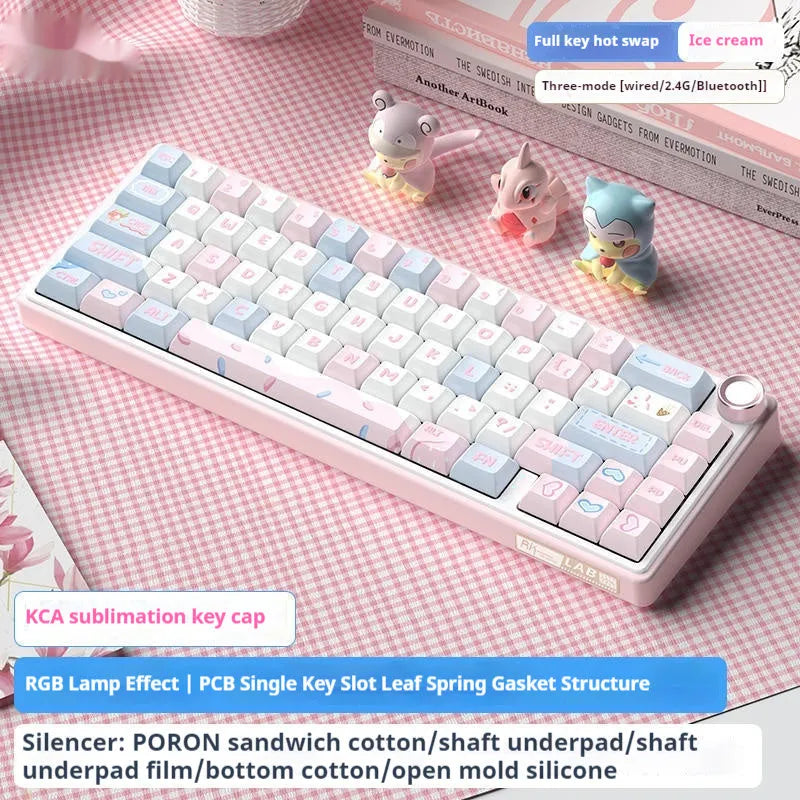 White wireless mechanical keyboard with RGB backlit keys on a desk.